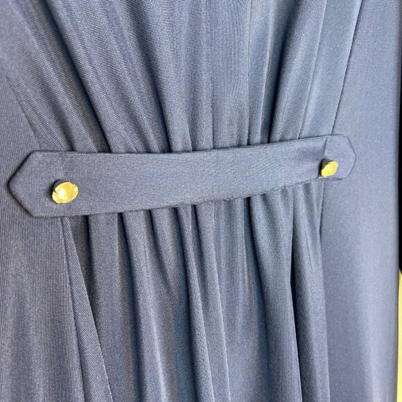 Vintage Navy Blue Evening Dress Rhinestone Buttons Long-Sleeves V-Neck Gathered - Picture 4 of 7